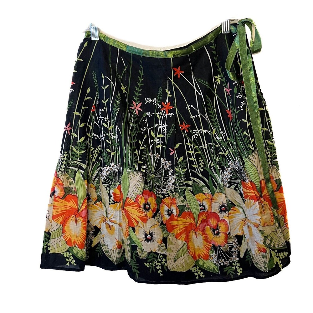 RAVIYA Skirt 100% Cotton Tropical Floral Side Zip & Bow Short Lined Women Medium